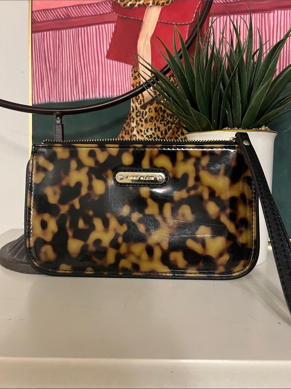 Anne Klein Tortoiseshell Patent Wristlet Clutch - Black/Brown